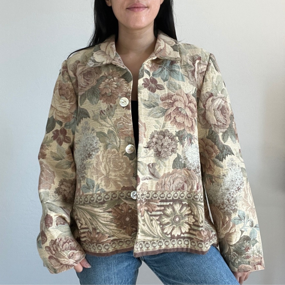 Coldwater Creek Tapestry Jacket Womens Large Tan Floral Woven Button Front